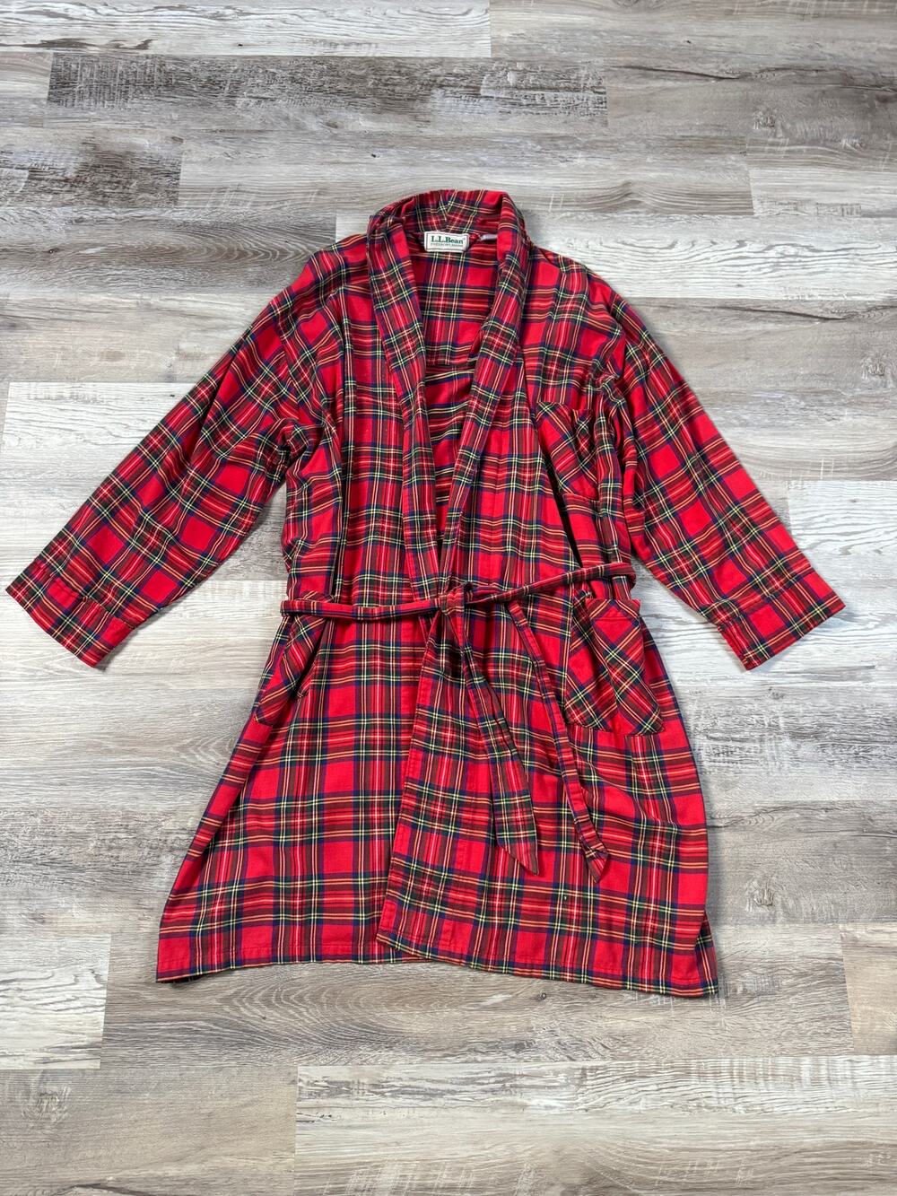 Vintage 90s L.L.Bean Mens Red Tartan Plaid Flannel Robe Belted Holiday Fall L/XL